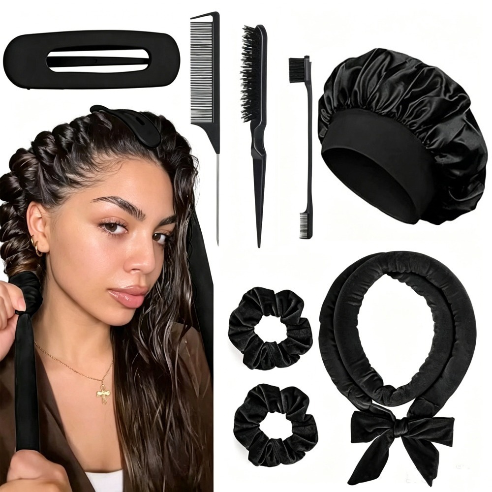 Preacher Curl Pad - 8/5/4個入り 熱を使わないヘアカーラーセット サテンボンネット ノーヒート オーバーナイトカール エッジブラシ