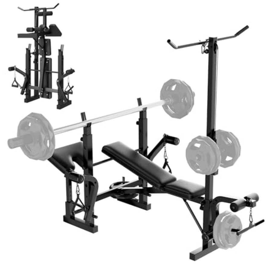 Home Gym With Leg Press - ホームジムウェイトベンチセット：スチールフレームブラック多機能ベンチプレス、プリーチャーカール、チェストフライ、レッグエクステンション、レッグカール、ラットプレス用